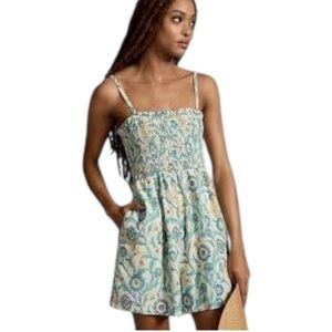 PILCRO Anthropologie Smocked Romper Floral Print Linen Boho Vacation Casual S